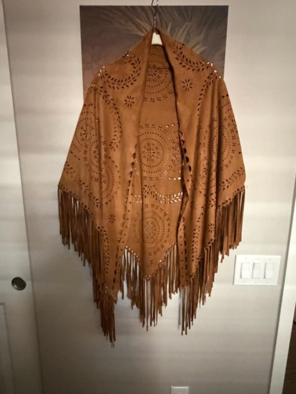 Rust Color Laser-Cut Faux Suede-Like Fabric Western Cowboy Fringe Wrap/Poncho